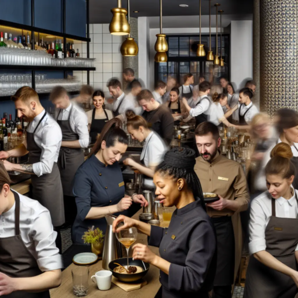 Zespół GrandsSpa przy pracy za barem i na sali, przygotowujący wieczorne wydarzenie