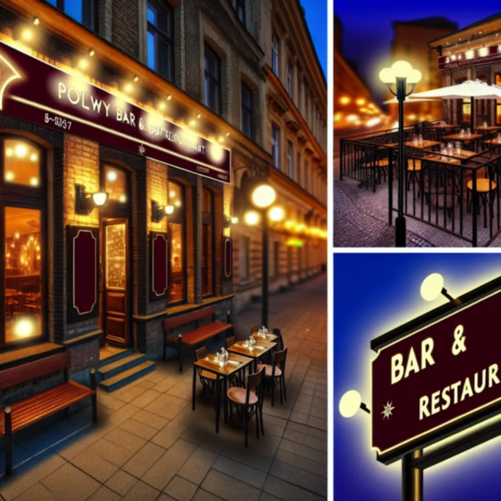 Wieczorne wejście do eleganckiego baru GrandsSpa oświetlone ciepłym światłem