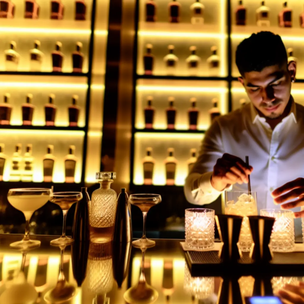 Złociste koktajle ustawione na barze w nastrojowym świetle