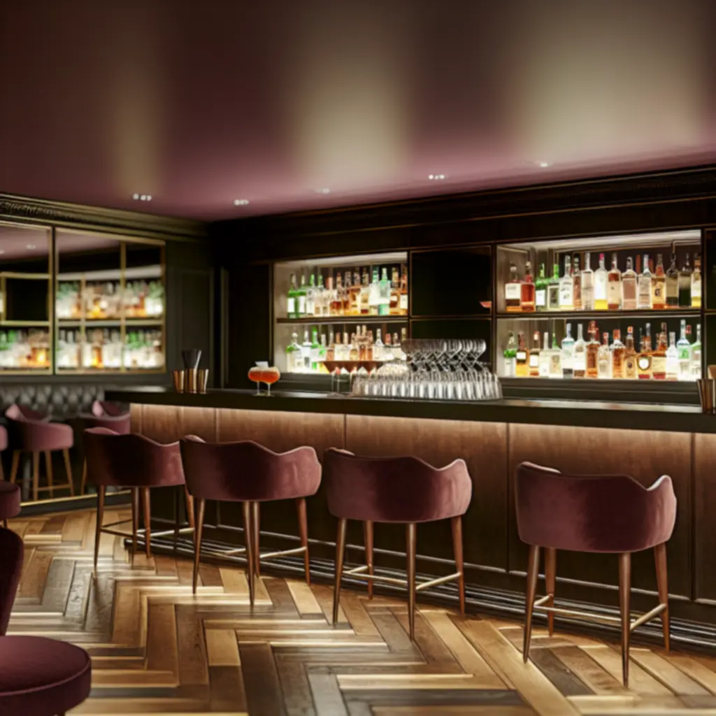 Nastrojowy bar w GrandsSpa z podświetlonymi półkami alkoholi i koktajlami