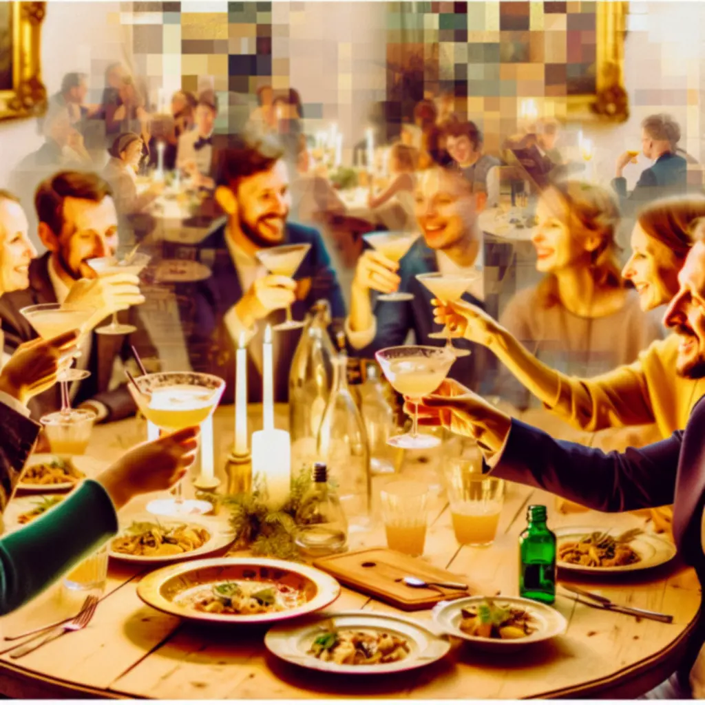 Kolaż zdjęć z eleganckich wydarzeń, stolików i gości w nastrojowym świetle