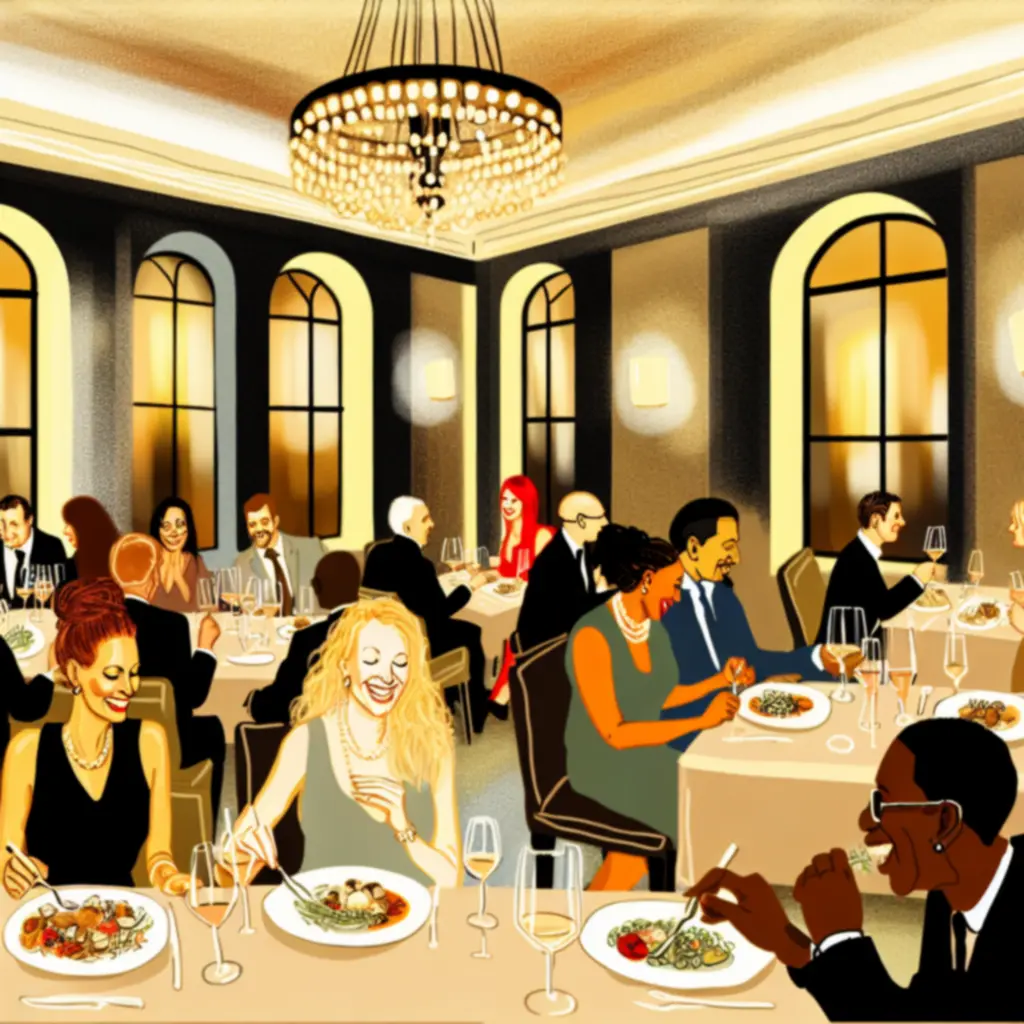 Elegancka sala restauracyjna w ciepłym, nastrojowym oświetleniu podczas kolacji