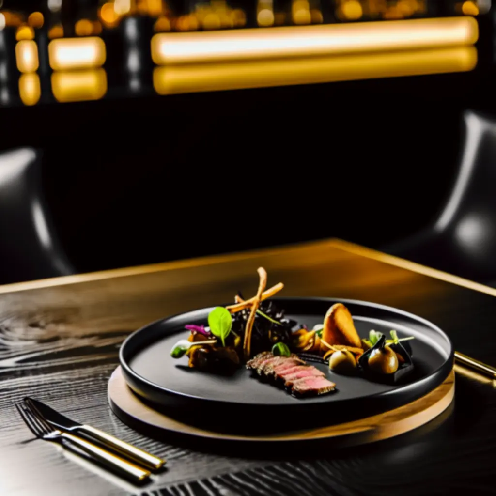 Wykwintne danie główne serwowane na eleganckim talerzu w przyciemnionym wnętrzu