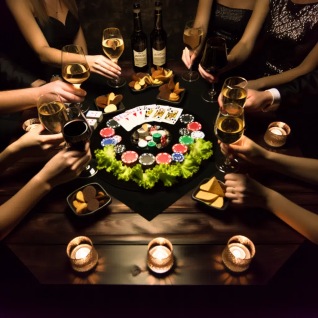 Stolik pokerowy z kartami, żetonami i eleganckimi daniami degustacyjnymi