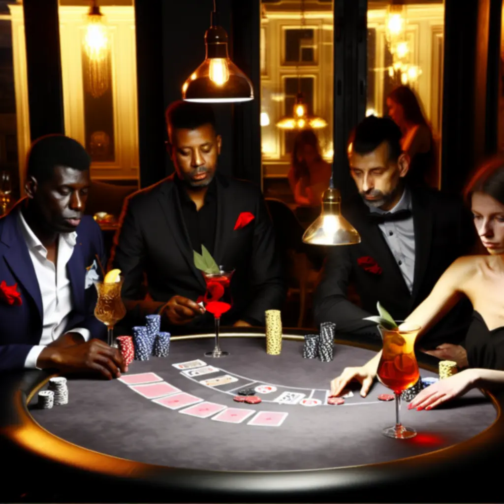 Stół pokerowy w ciepłym świetle, eleganckie kieliszki i żetony podczas wieczoru pokerowego