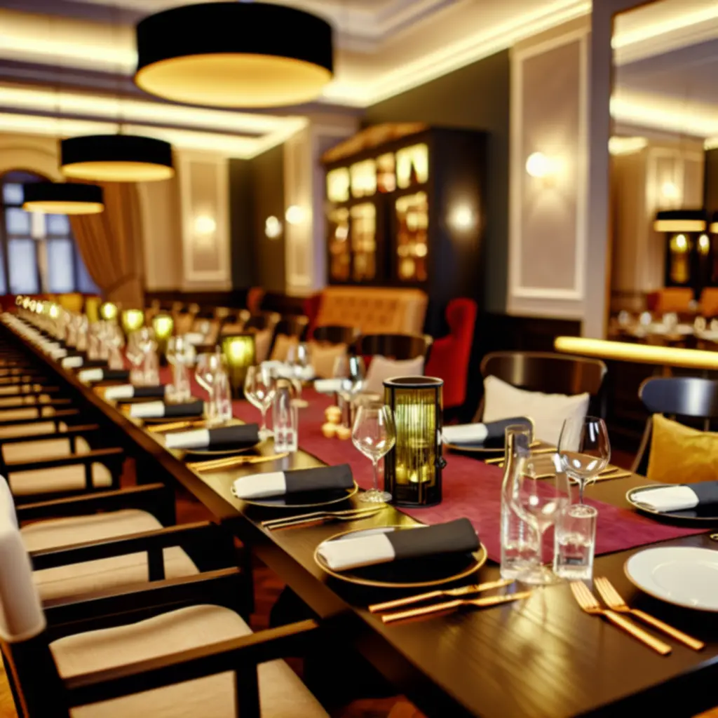 Podświetlony, elegancko nakryty stół w barze i restauracji GrandsSpa, gotowy na przyjęcie gości